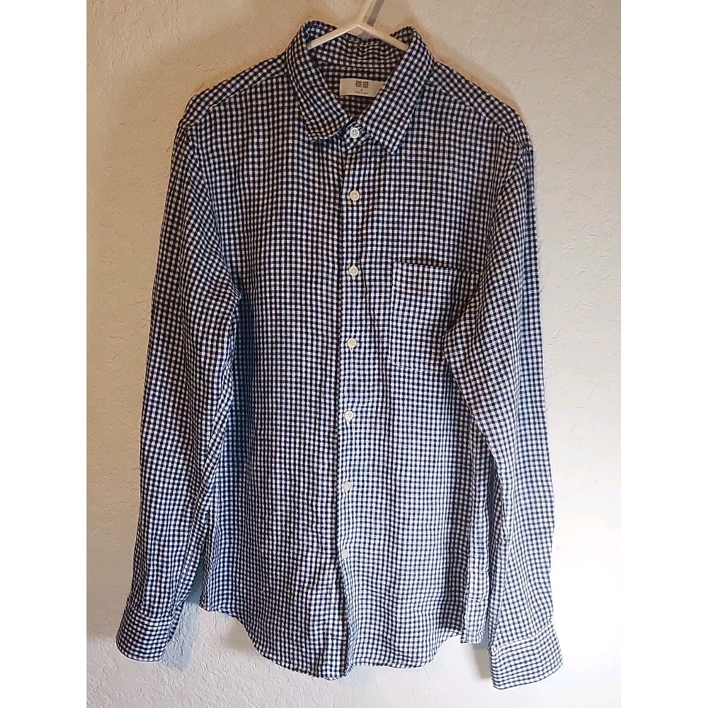 Uniqlo Men's M Blue White Check Linen Woven Long Sleeve Button-Up Shirt